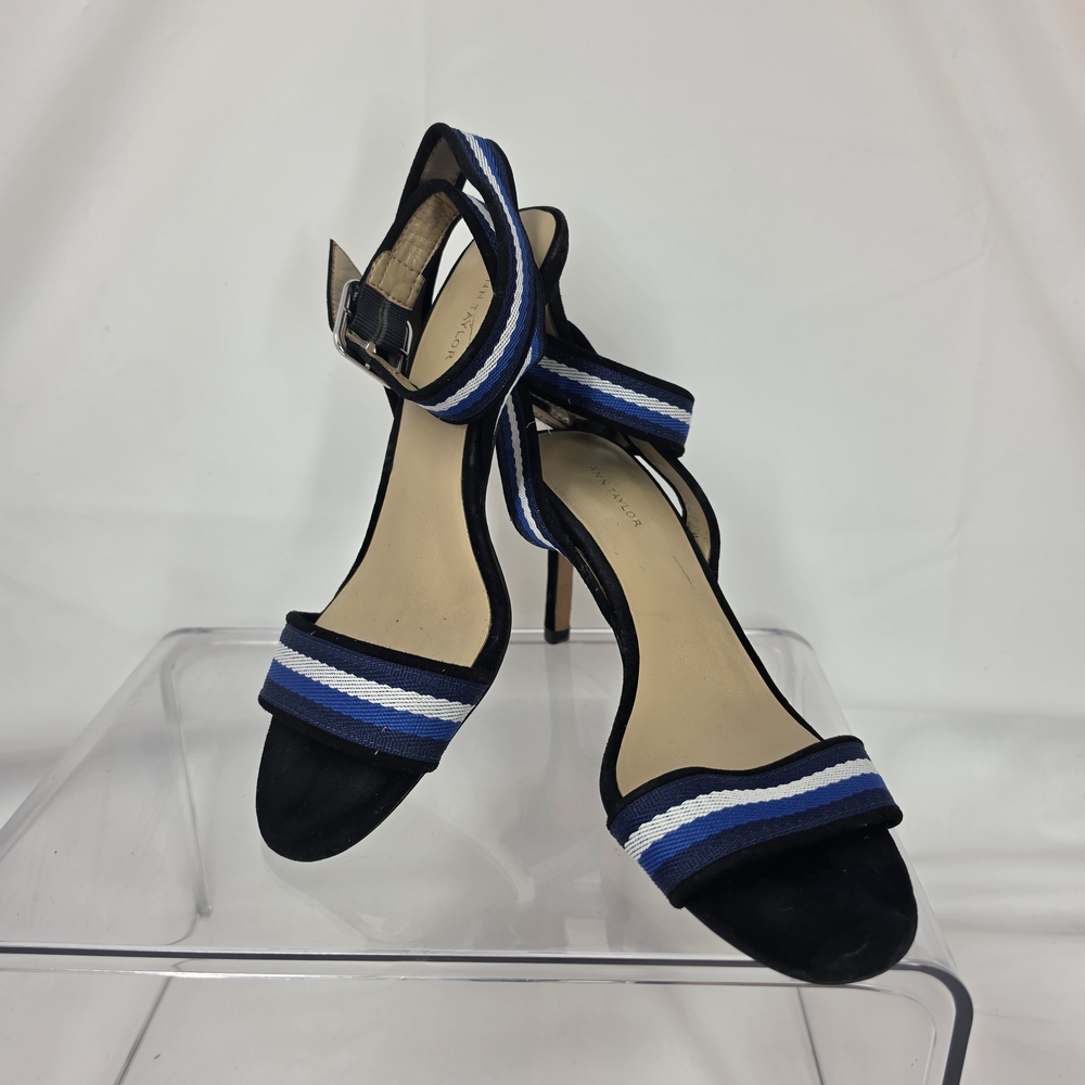 Ann Taylor Strappy Slingback Heels Women's 7M Navy Blue Striped Ankle Strap Pump
